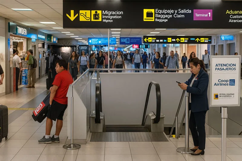 Área de llegadas del Aeropuerto de Tocumen en Panamá, con letreros claros indicando migración, aduanas y retiro de equipaje, pasajeros caminando por el pasillo.