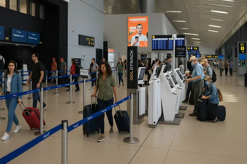 Zona de check-in en la Terminal 2 del Aeropuerto de Tocumen, Panamá, con pasajeros bien definidos utilizando kioscos de autoatención, haciendo fila en líneas organizadas y caminando con equipaje en un entorno moderno y bien iluminado.
