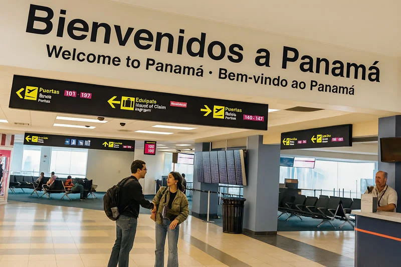Interior de la Terminal 1 aeropuerto de Panamá con un cartel de bienvenida en tres idiomas ("Bienvenidos a Panamá", "Welcome to Panama", "Bem-vindo ao Panamá"), señales de dirección bien definidas para puertas y reclamo de equipaje, y pasajeros interactuando