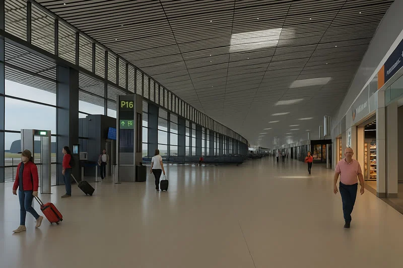 Vista de la moderna Terminal 2 del Aeropuerto Internacional de Tocumen en Panamá, con techos altos de diseño lineal, ventanales panorámicos que dejan entrar luz natural y pasajeros caminando con sus maletas, junto a tiendas comerciales a la derecha y puertas de embarque al fondo.