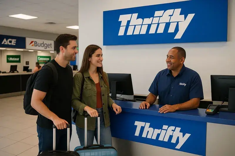 Mostrador de alquiler de autos de Thrifty en el Aeropuerto de Tocumen, con una pareja joven en primer plano conversando sonriente con un empleado uniformado, mientras llevan su equipaje y al fondo se distinguen otros mostradores de empresas como Budget, ACE y Alamo.