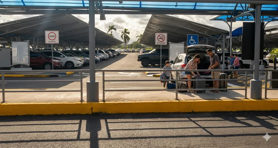 Pasajeros cargando maletas en un vehículo en el Estacionamiento del aeropuerto de Tocumen Panamá 